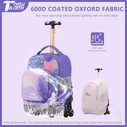 NEW TILAMI 16 Inch Rolling Backpack with Lunch Bag for Girls Boys School - color: Purple Watercolor