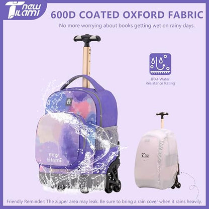 NEW TILAMI 16 Inch Rolling Backpack with Lunch Bag for Girls Boys School - color: Purple Watercolor