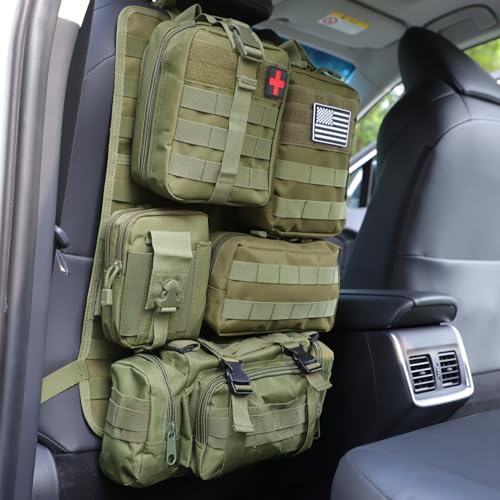 tactical car seat back organizer and storage truck seat covers with a Molle Vehicle Panel and 5 Different Size Molle Pouches for most models such as Jeep,SUV,Pickup (Army green) - color: Army green