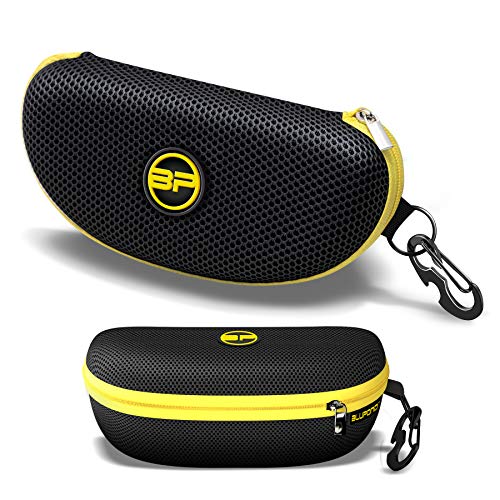 BLUPOND Knight Visor Large Sunglasses Case with Metal Carabiner & Zipper - EVA Semi Hard Frame Glasses Case for Men & Women - color: Black Yellow