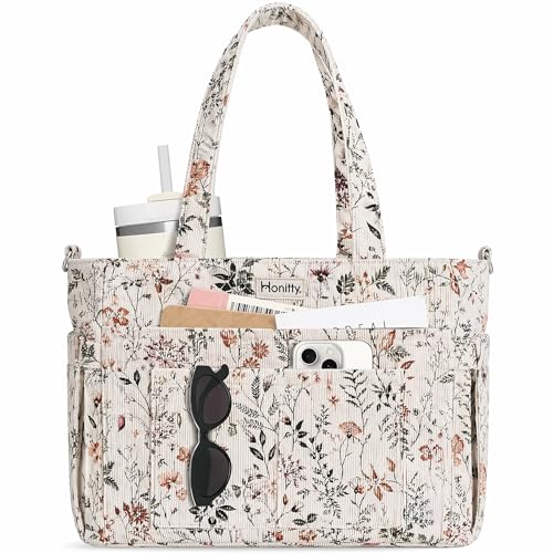 honitty Corduroy Tote Bag for Women,Checkered Shoulder Bag,17 Pocket Laptop Work Crossbody Handbag for Travel with Cup Pocket - color: Flower