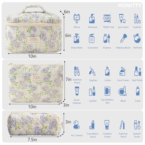 honitty Makeup Bag,Quilted Cosmetic Bags for Women - color: Blue-Flower