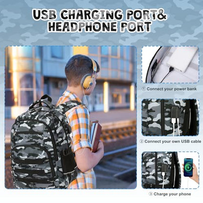 ACESAK 3PCS Camo Backpack for Boys with Lunch Box Pencil Case - color: Gray Black