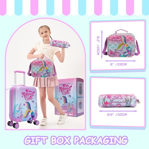 Cute Pink Mermaid Kid’s Luggage Set 5 Piece Suitcase Set 16’’ Hardside Luggage with Spinner Wheels Girls Boys Carry on Toddler Luggage Travel Rolling Luggage Carry on Luggage Airline Approved - color: 05 Pink