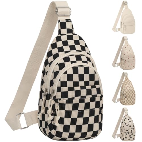 ELONGRIVER Corduroy Small Crossbody Bags for Women Teen Girls Trendy | Cute Sling Bag, Functional Cross Body Purses for Travel Hiking, Checkered Black Purse - color: Checkered Black