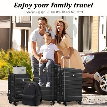 Keytang Classic Lightweight Hardside Expandable Spinner Wheels Luggage Suitcase W/TSA Lock 3-Piece Set with Backpack and Cosmetic Makeup Bag (5 Piece Set,Black) - color: Black, size: 777-5PCS (Front Open)