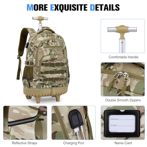 ACESAK 3PCS Camo Rolling Backpack for Boys with Lunch Box Pencil Case - color: Camo Khaki