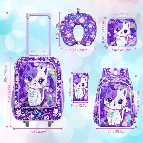UFNDC 5PCS Kids Suitcase Set for Girls, Cute Sequins Cat Rolling Luggage, Travel Carry-On for Toddlers & Elementary Children - color: Reversible Sequins Cat Luggage 5PCS Set