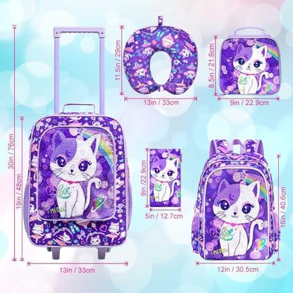 UFNDC 5PCS Kids Suitcase Set for Girls, Cute Sequins Cat Rolling Luggage, Travel Carry-On for Toddlers & Elementary Children - color: Reversible Sequins Cat Luggage 5PCS Set
