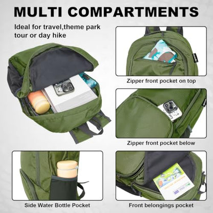 HOLYLUCK 20L lightweight packable Hiking Daypack Foldable Backpack for Men Women Small Travel Outdoor Foldable Shoulder Bag - color: Army Green