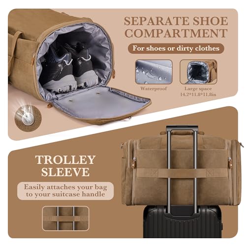 SHOWKOO Duffle Bag for Travel 60L Expandable Canvas Travel Bag - color: Coffee