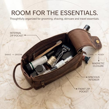 Full Grain Leather Toiletry Bag for Men & Women, Dark Brown - color: Brown