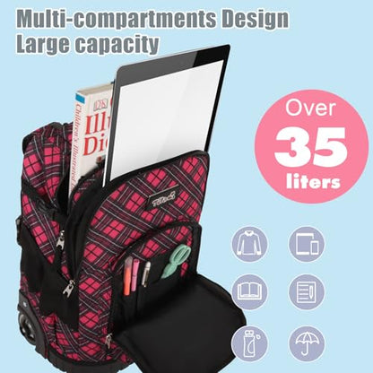 Tilami Rolling Backpack for Kids 19 inch with Lunch Bag Wheeled Laptop Backpack,Red grid - color: Red Grid