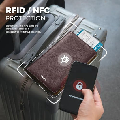 VULKIT Passport Wallet for Travel RFID Blocking Premium Leather - color: Top Grain Wine