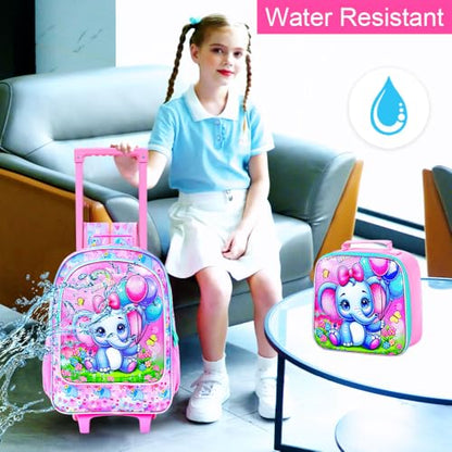 WZLVO 4PCS Rolling Backpack for Girls, Kids Roller School Bookbag with wheels, Elephant Water Resistant Wheeled Backpacks set for Teens Elementary Trave - color: Pink Elephant