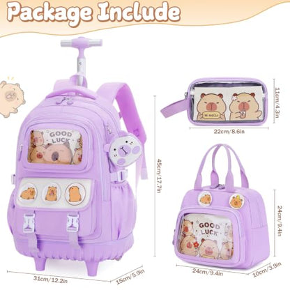Capybara Rolling Backpack for Girls with Lunch Box & Pencil Case - color: Purple