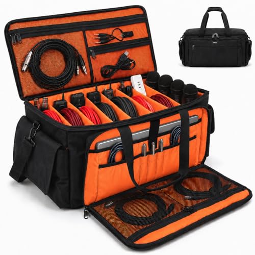 Large DJ Cable Bag Organizer with Laptop Pocket & Adjustable Dividers - color: Orange
