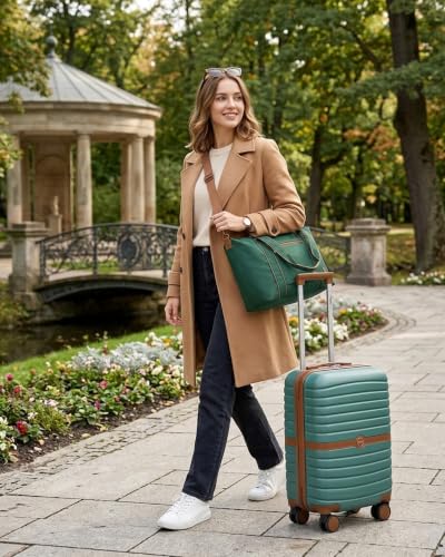 Kono Expandable 3 Piece Luggage Sets with Spinner Wheels, Green/Brown - color: Green/Brown, size: 3 Piece Set (20/24/28)