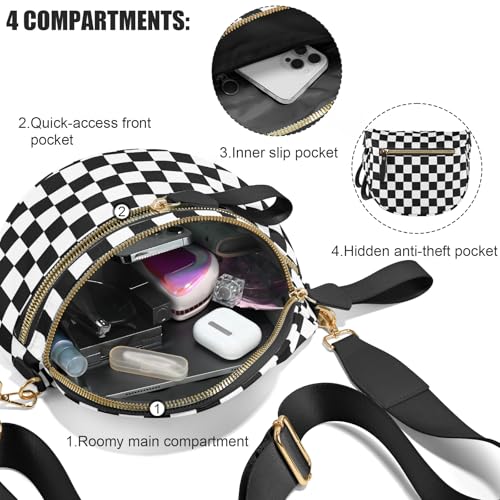 Checkered Crossbody Bags for Women, Large Nylon Bum Bags - color: Black and White Checkered