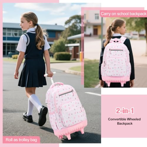 ACESAK Rolling Backpack for Girls with Lunch Bag & Pencil Pouch - color: Pink Bow