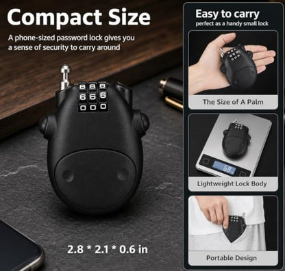 Retractable Cable Lock, 3-Digit Combination Lock with 3 Feet Retractable Steel Cable, Luggage Stroller Locks for, Bike, Ski, Helmets, Backpacks