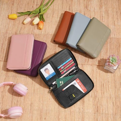 Leather Zipper Passport Wallet Holder Travel Essentials with RFID Blocking - color: Green