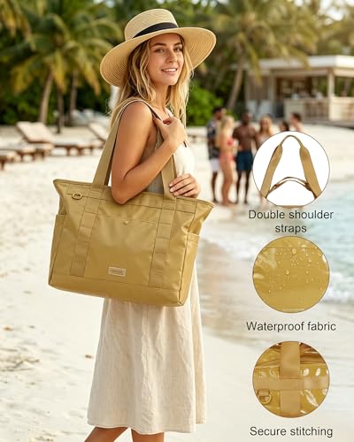 FHELAD Glossy Tote Bag for Women, Y2K Work Travel Laptop Bag, 25L - color: Tan