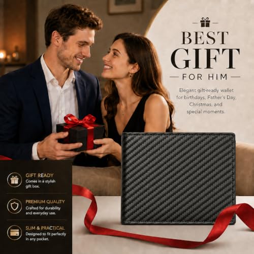 Wallet for Men Slim RFID Blocking Genuine Leather Bifold Mens Wallet - color: Carbon Fiber Black