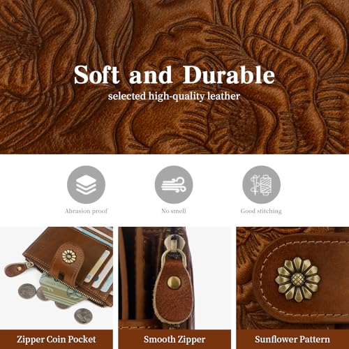 Womens Wallet,RFID Blocking Leather Wallet Womens Bifold Card Holder Small Compact Wallet for Women with Removable ID Window(yhbrown) - color: c1-embossed brown