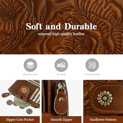 Womens Wallet,RFID Blocking Leather Wallet Womens Bifold Card Holder Small Compact Wallet for Women with Removable ID Window(yhbrown) - color: c1-embossed brown