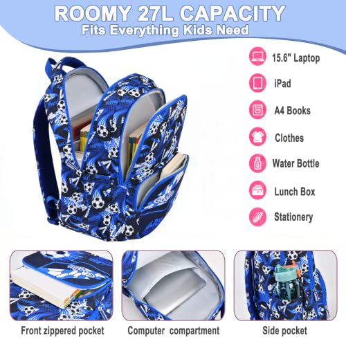 Boys Backpack Set 3PCS Ages 6-12, Kids School Backpack - color: Soccer Blue