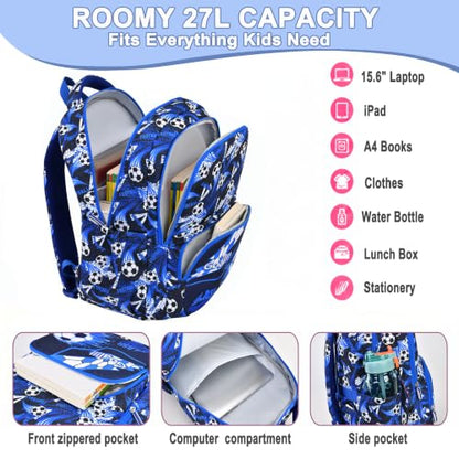 Boys Backpack Set 3PCS Ages 6-12, Kids School Backpack - color: Soccer Blue