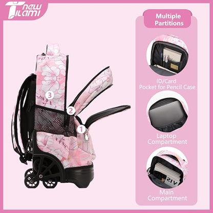 NEW TILAMI 18-Inch Rolling Backpack 6-Wheel for Kids School Travel - color: Pink Flowers