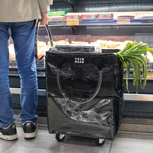 Reusable Grocery Bag with Wheels, Large Black Rolling Tote | 8 Pockets, Zipper Cover, Foldable for Women, Kitchen, Travel, Carries Up to 76LBS - color: Black, size: Large