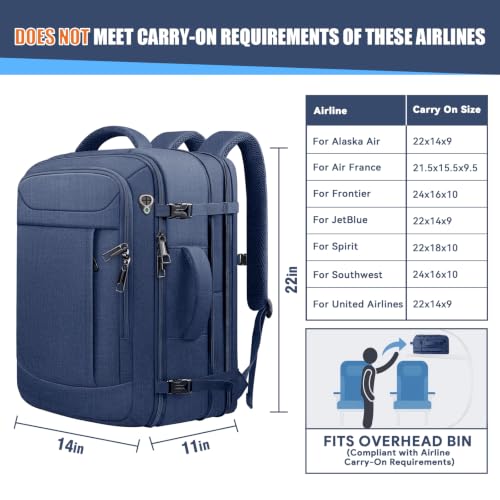55L Travel Backpack, Carry On Backpack Fits 18.4-19" Laptop, Blue - color: Blue, size: 18.4 inch (22"x14"x10")