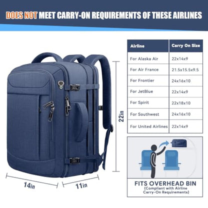 55L Travel Backpack, Carry On Backpack Fits 18.4-19" Laptop, Blue - color: Blue, size: 18.4 inch (22"x14"x10")