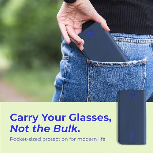 Luxury Slim Leather Glasses Case | Handmade Full-Grain Leather Eyewear Wrap with Magnetic Closure & Gift Box - color: Blue