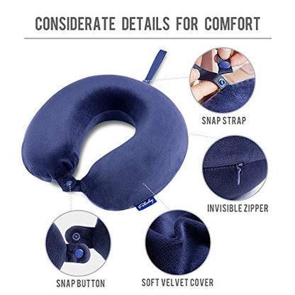 Fabuday Travel Pillow Memory Foam - Head Neck Support Airplane Pillow for Traveling, Car, Home, Office, Travel Neck Flight Pillow with Attachable Snap Strap Soft Washable Cover - color: Blue