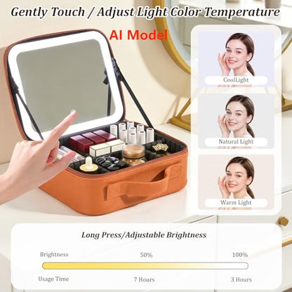 Travel Makeup Bag with Mirror & 8 Adjustable EVA Dividers, Camel - color: Camel-8 Dividers