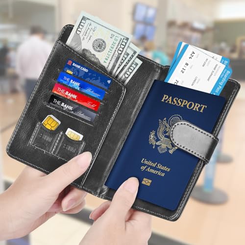 Passport Holder for Travel Essentials Wallet Cover Case Women Men Gift - color: D-Black