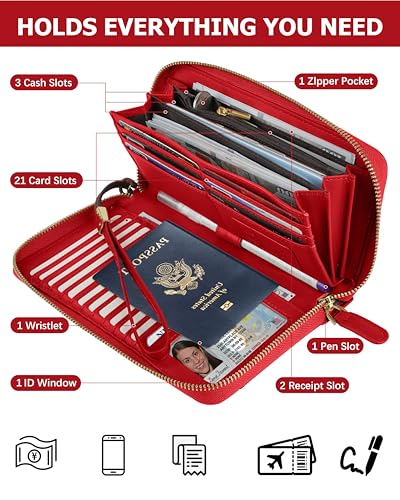 Large Wallet for Women, Clutch Wallet with Passport Holder - color: Red