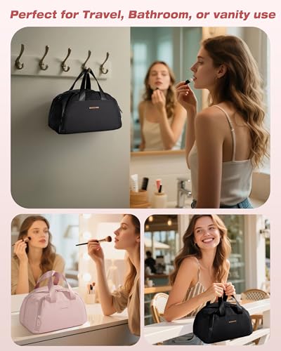 Marscamd Travel Makeup Bag for Women, Lay-Flat Toiletry Organizer, Black - color: Black