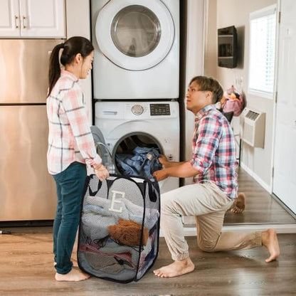 Collapsible Pop Up Laundry Hamper, Extra Large with Removable Initial Letter E, Mesh Foldable Laundry Basket, 28" x 16" x 16" (Black) - color: 1P BlackE