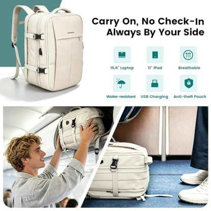 Expandable 42L Travel Carry-On Backpack with USB Port, Beige