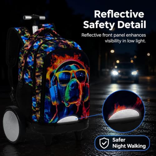 3Pcs Rolling Backpack for Boys with Detachable Large Wheels, Kids Cool Dog Wheeled Backpack Set for Elementary School Travel (Black) - color: Dog Black
