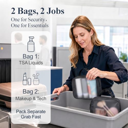 PACKISM TPU Clear Makeup Bag - Black Grid Trim TSA Approved Toiletry Bag - color: Black Quilted, size: 2 Pack