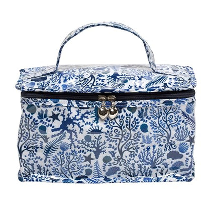 Jacaranda Living Vanity Cosmetic Bag – Train Case with Handle, Water-Resistant PVC Lined Cotton, Travel Organizer, Splash-Proof Summer Cosmetic Bag – Blue Seashells - color: Blue Seashells, size: Large Vanity/Train Case