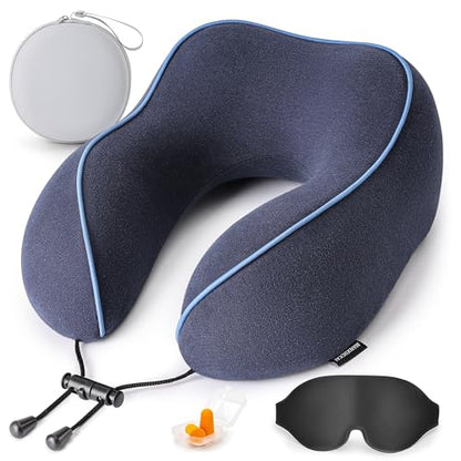 Travel Neck Pillow for Sleeping,100% Pure Memory Foam, Soft Head Support - color: Navy Blue