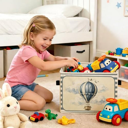 Hot Air Balloon Storage Bin, Blue Gray Stripe Foldable Fabric Basket - color: Blue Hot Air Balloon Grey