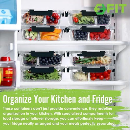 Glass Meal Prep Containers 2 and 3 Compartments, Leak-Proof, 32 oz, 4 Pack - color: Black (2,3 compartment - 4 pack, 32oz)